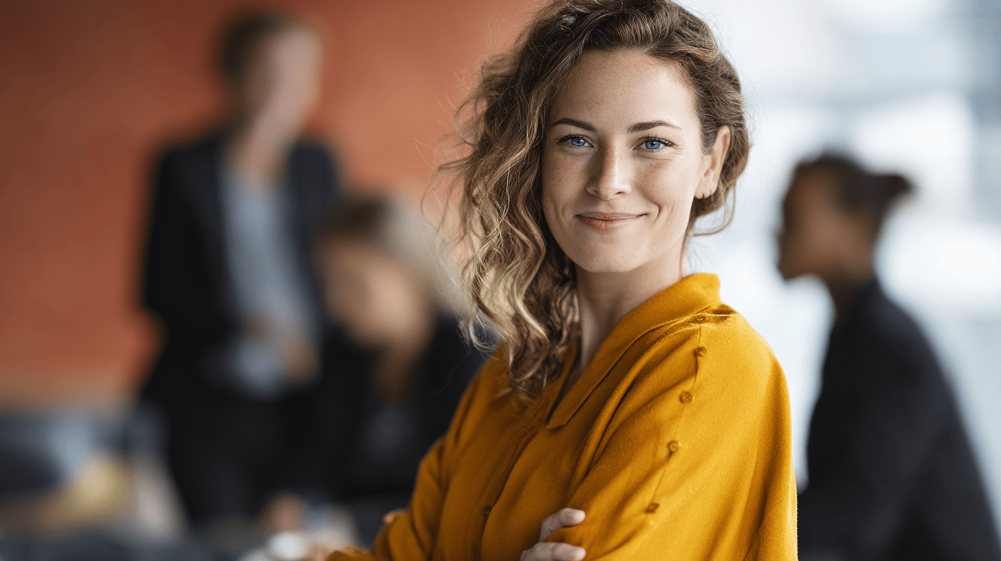 A smiling woman with curly hair wearing a yellow sweater, with blurred colleagues in the background.