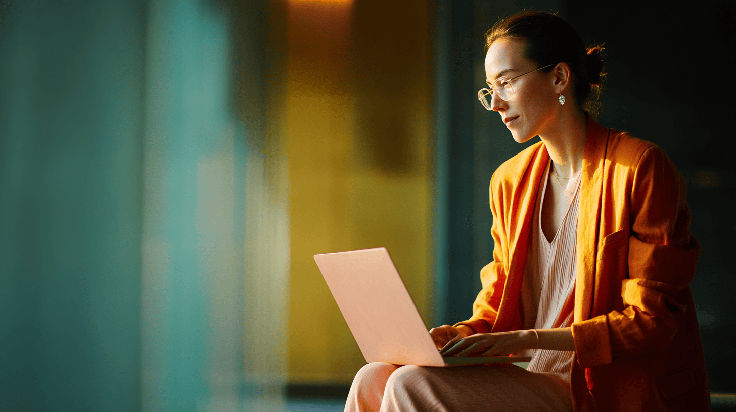 A woman in an orange blazer sits by a window, working on a laptop with soft lighting reflecting around her.