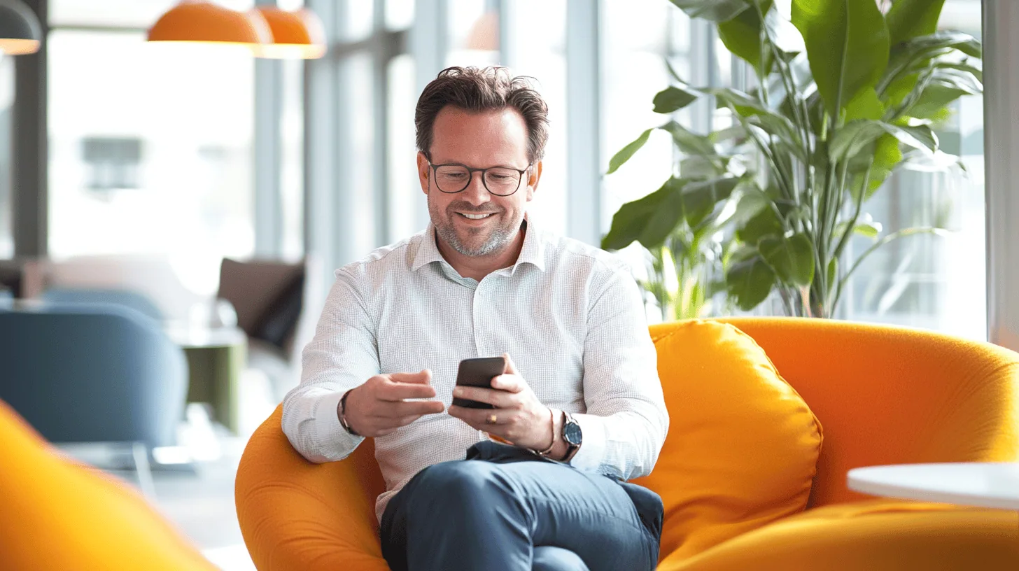 A smiling man in glasses sits on an orange chair, looking at his smartphone in a well-lit, plant-filled space.