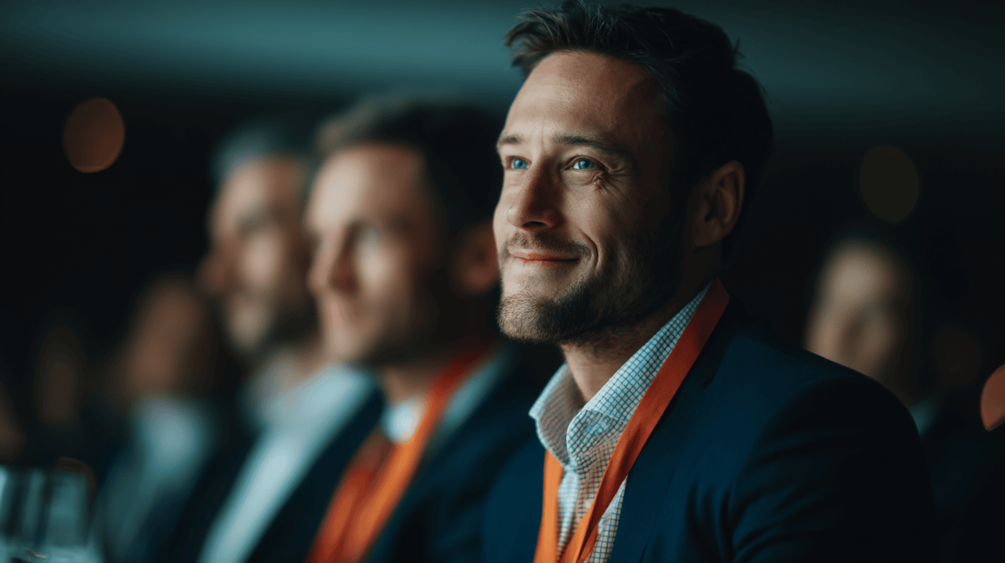 A smiling man in a suit with an orange lanyard sits in a dimly lit audience, focused on a presentation.