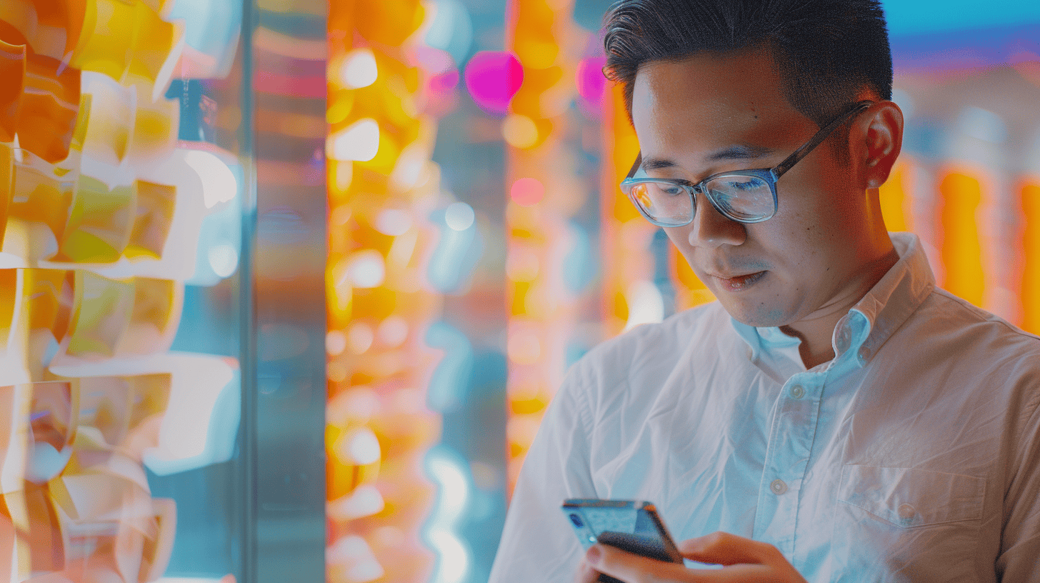 A young man in glasses checks his phone, surrounded by a brightly lit, colorful background of orange and blue lights.