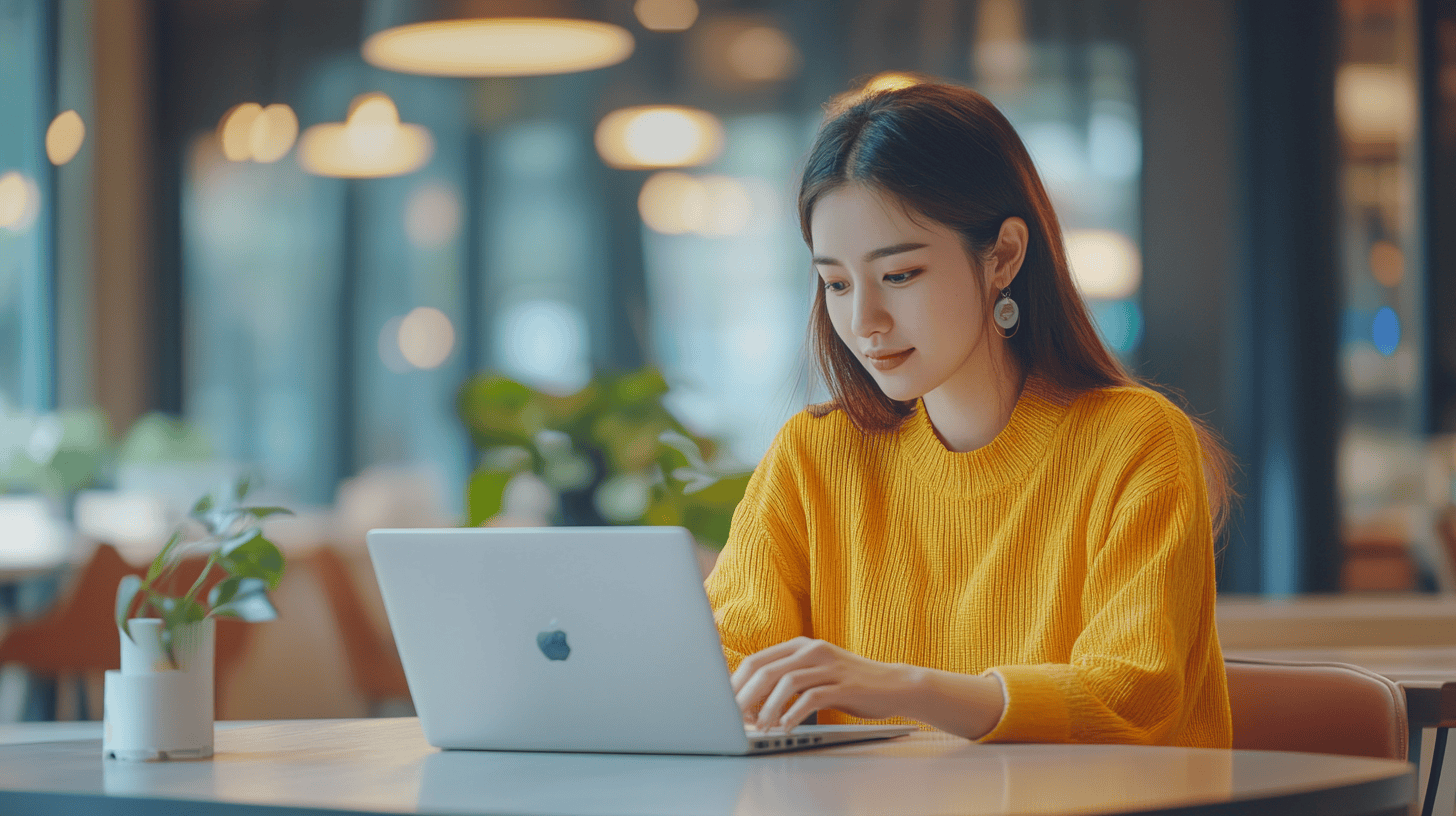 A woman in a yellow sweater types on a laptop at a table in a modern cafe, surrounded by plants and soft lighting.