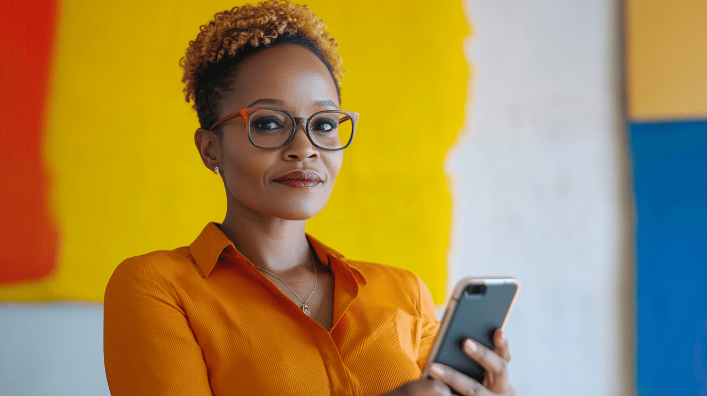 A woman with curly hair and glasses holds a smartphone, wearing an orange shirt against a colorful background.