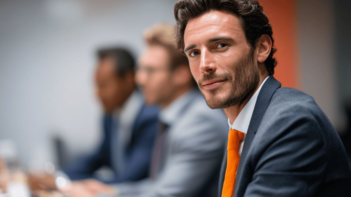 A focused man in a suit and orange tie sits at a meeting table, with blurred colleagues in the background.
