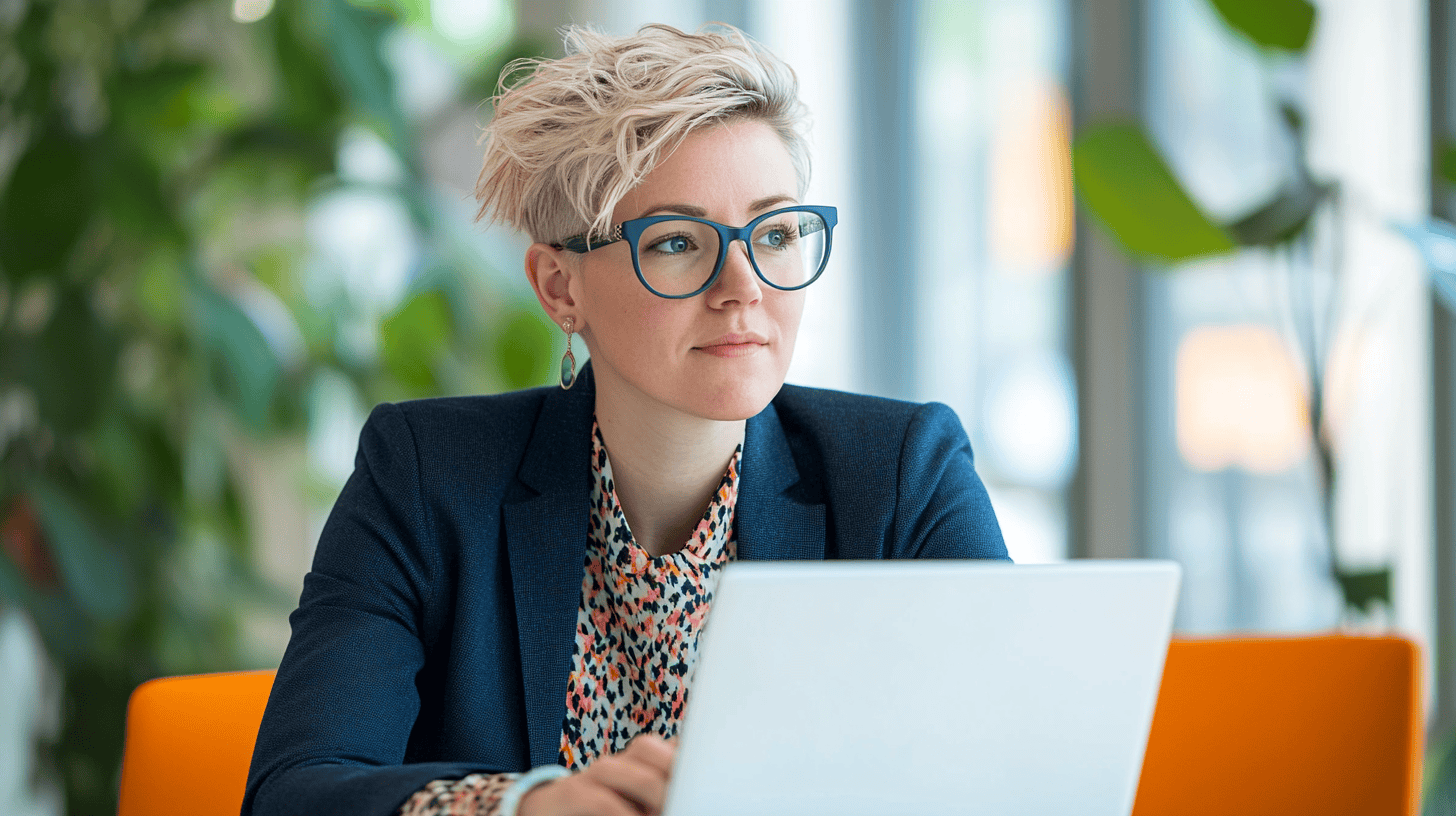 A woman with short blonde hair and glasses sits in an office, looking at a laptop with plants in the background.