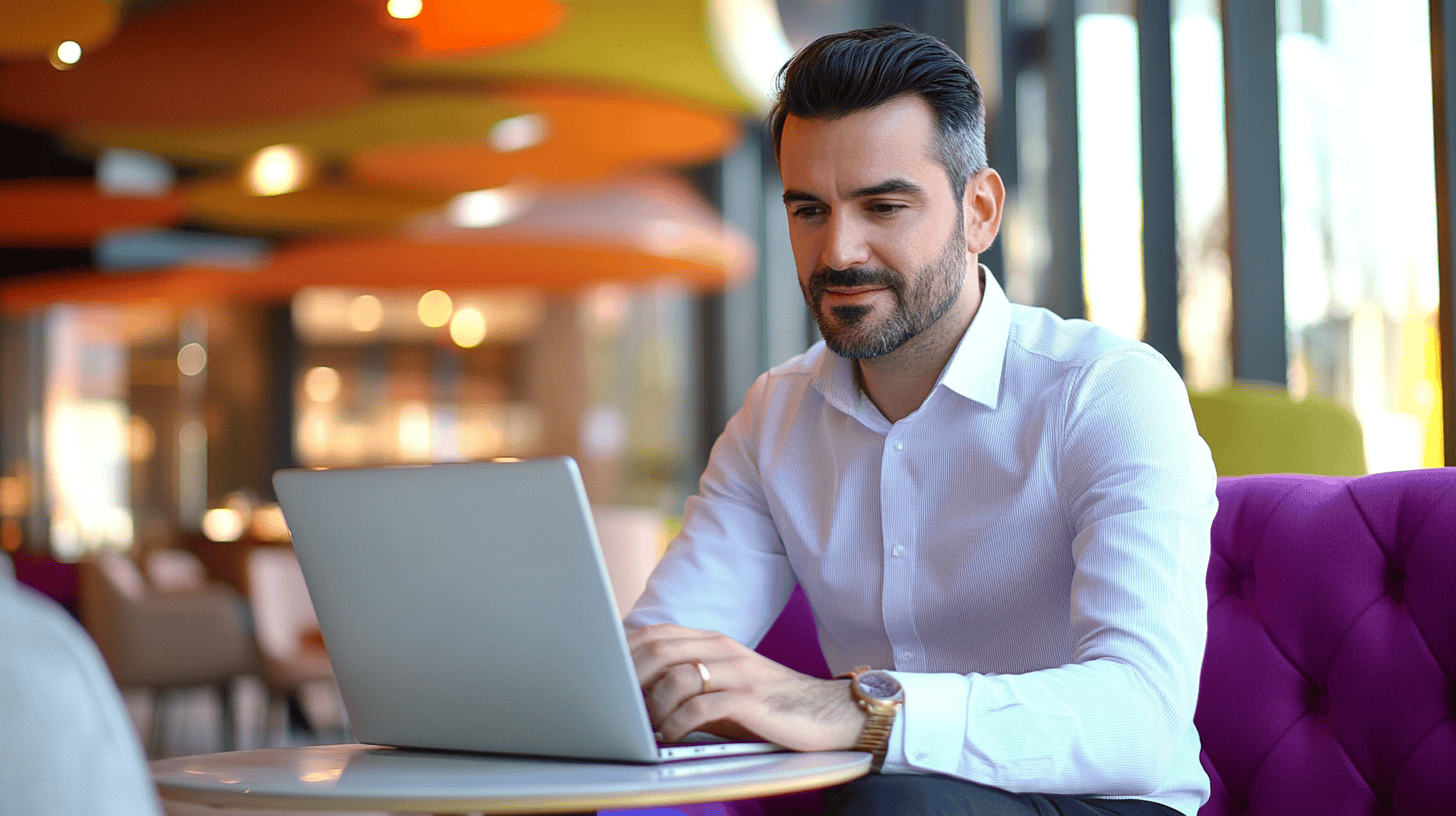 A man in a white shirt works on a laptop at a colorful cafe with modern decor and soft seating.