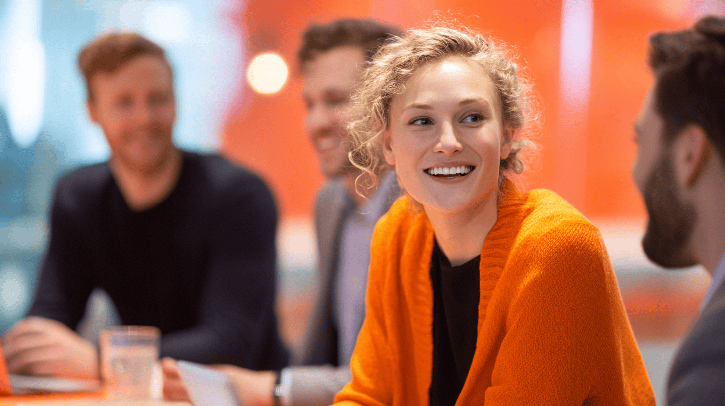 A smiling woman in an orange sweater sits at a table with three people, with a blurred background of soft colors.