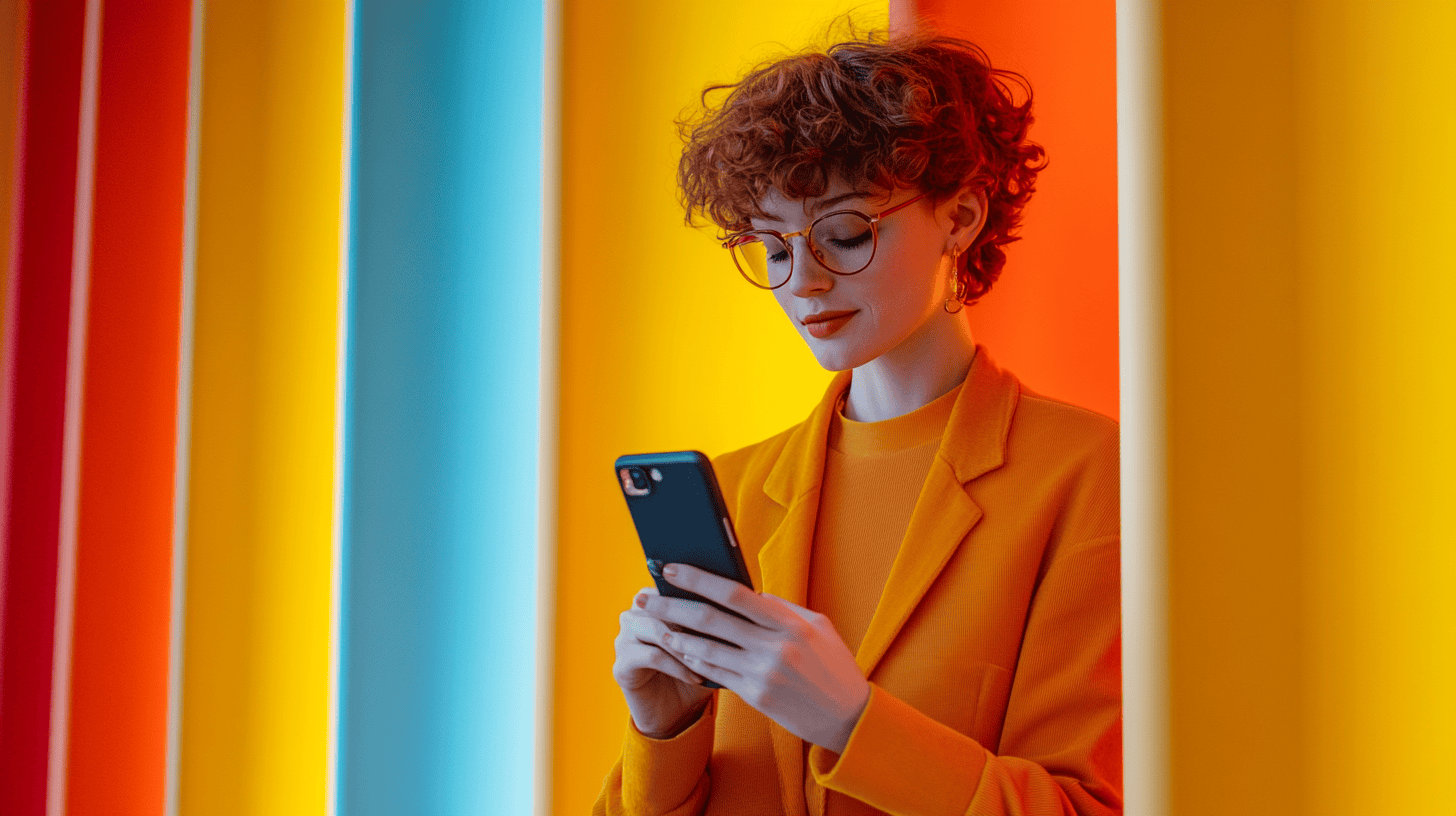 A smiling person with curly hair and glasses holds a phone, standing against colorful vertical stripes of blue, yellow, orange, and red.