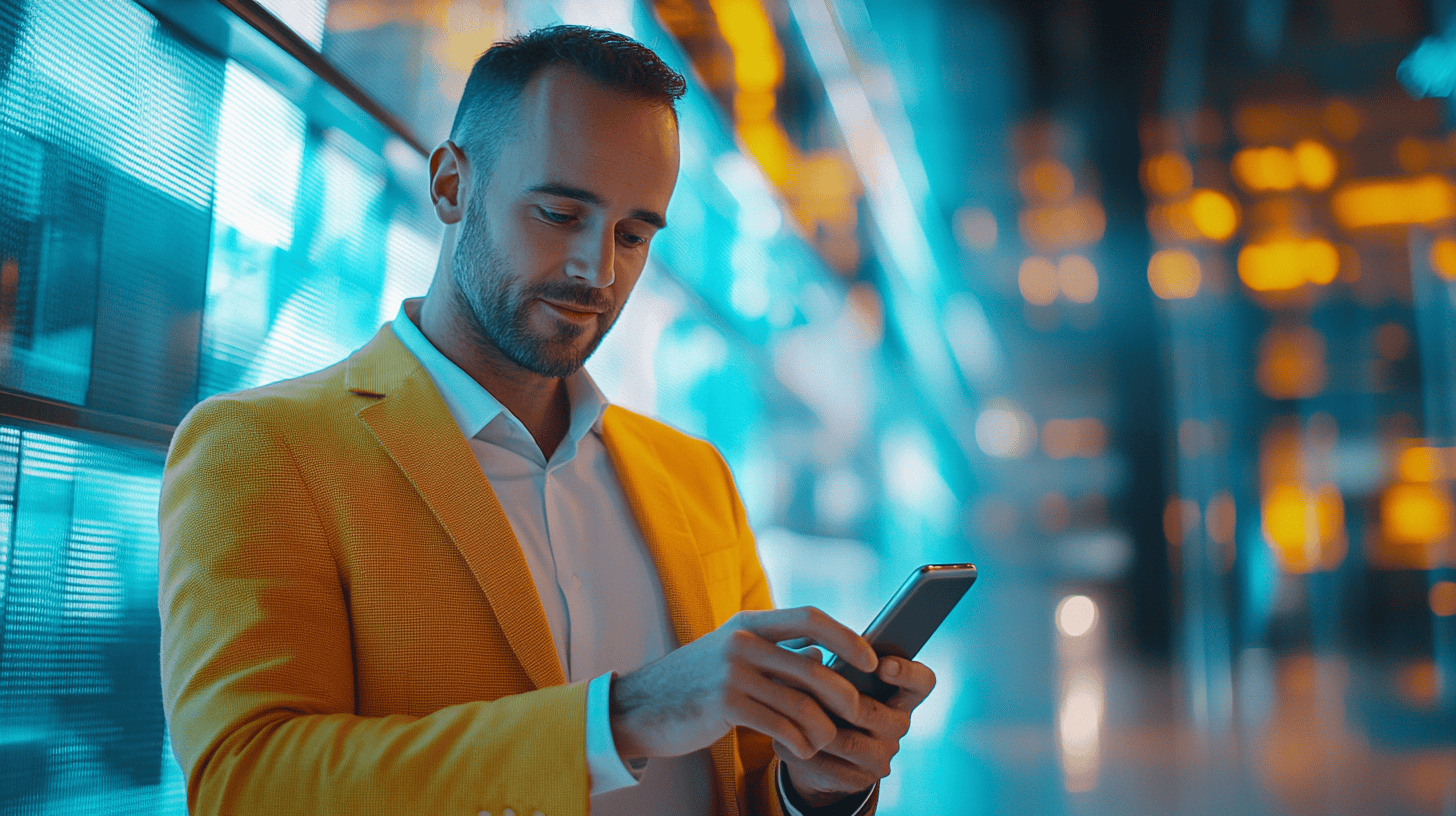 A man in a yellow blazer using a smartphone, with colorful, blurred lights in the background.