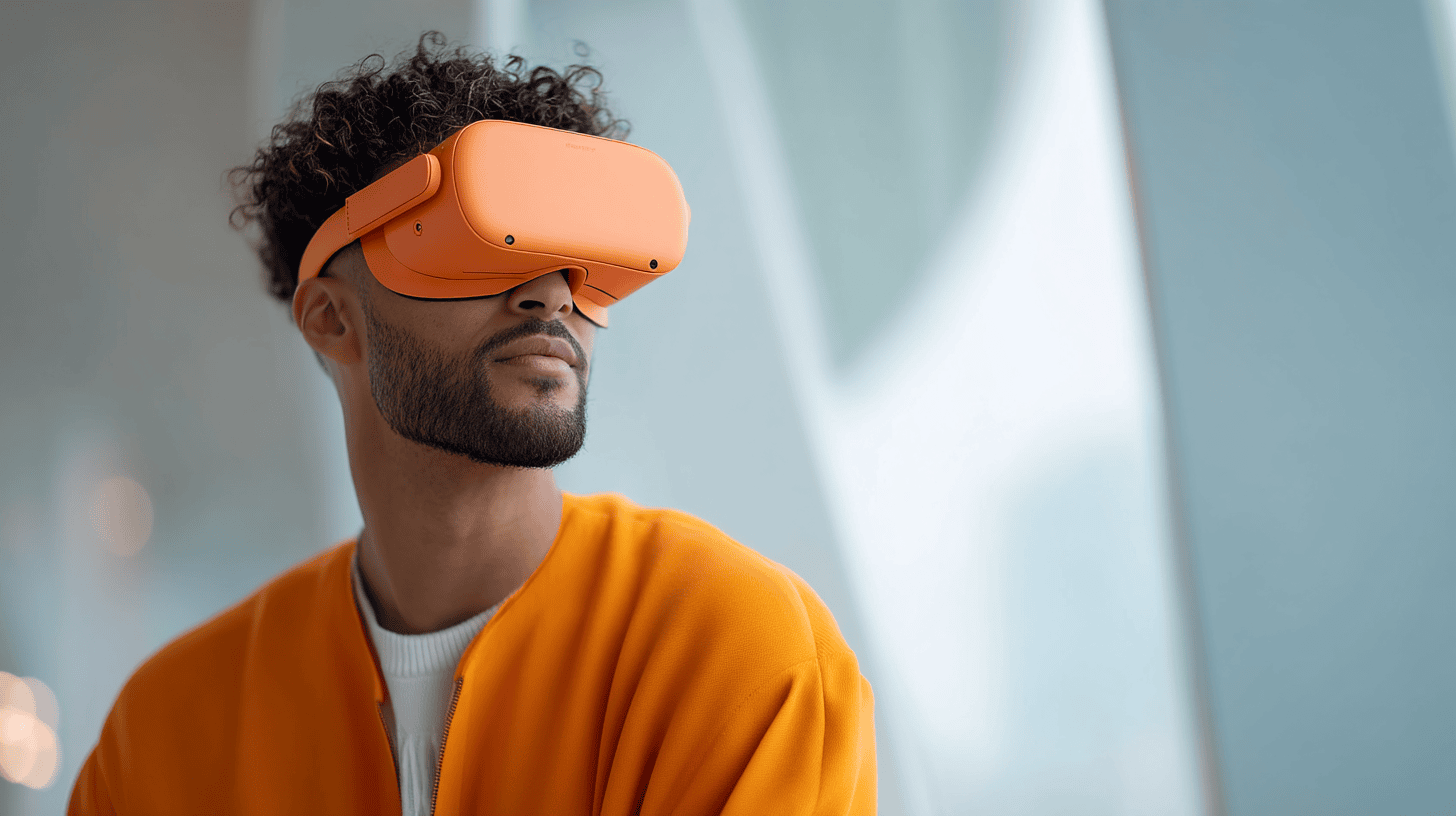 A young man wears orange VR goggles and a matching sweater, gazing thoughtfully in a modern setting.