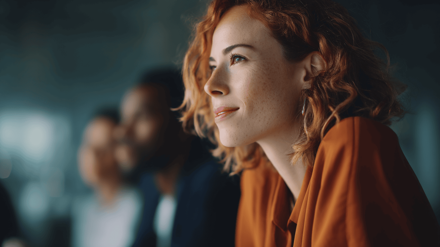 A woman with curly red hair and freckles gazes thoughtfully, wearing an orange blouse, with blurred figures in the background.