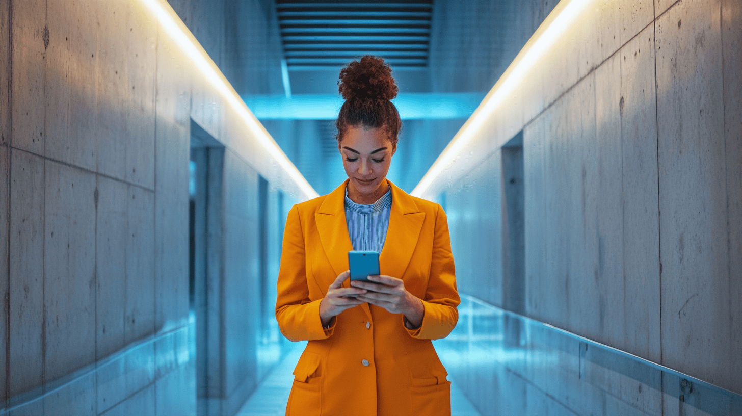 A woman in a bright yellow blazer stands in a modern hallway, looking at her smartphone with blue lighting around her.