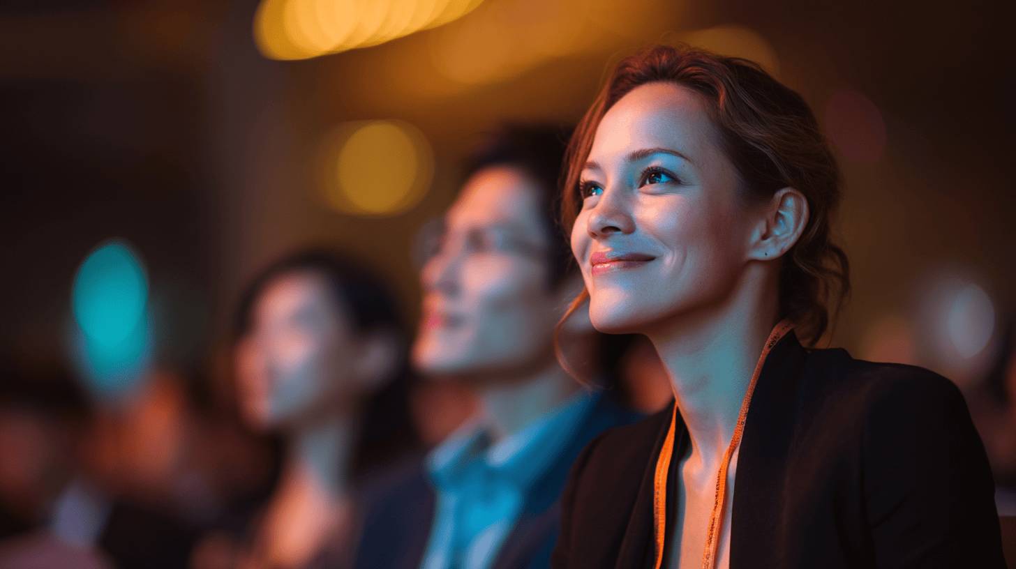 A woman with a bright smile watches an event, surrounded by blurred faces in a softly lit audience.