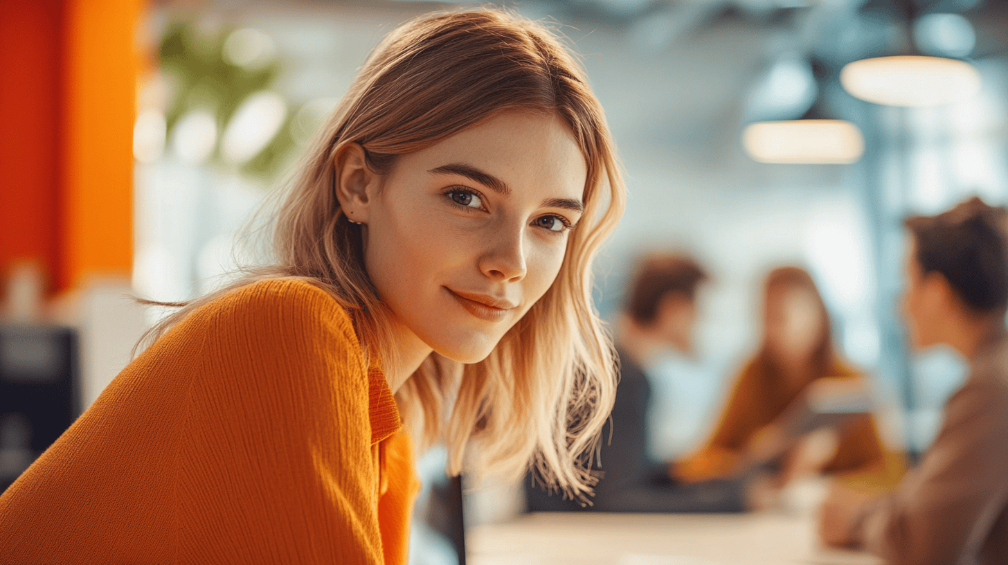 A young woman with blonde hair smiles in an office with people and plants in the background, illuminated by soft lighting.