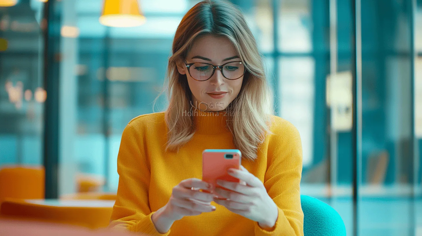 A woman in glasses wearing a yellow sweater looks at her pink smartphone while sitting in a brightly lit cafe.