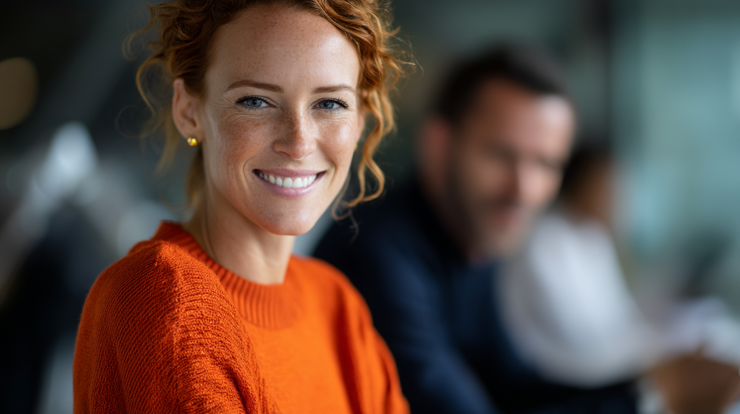 Smiling woman with curly red hair in an orange sweater, seated in a modern workspace with blurred figures in the background.