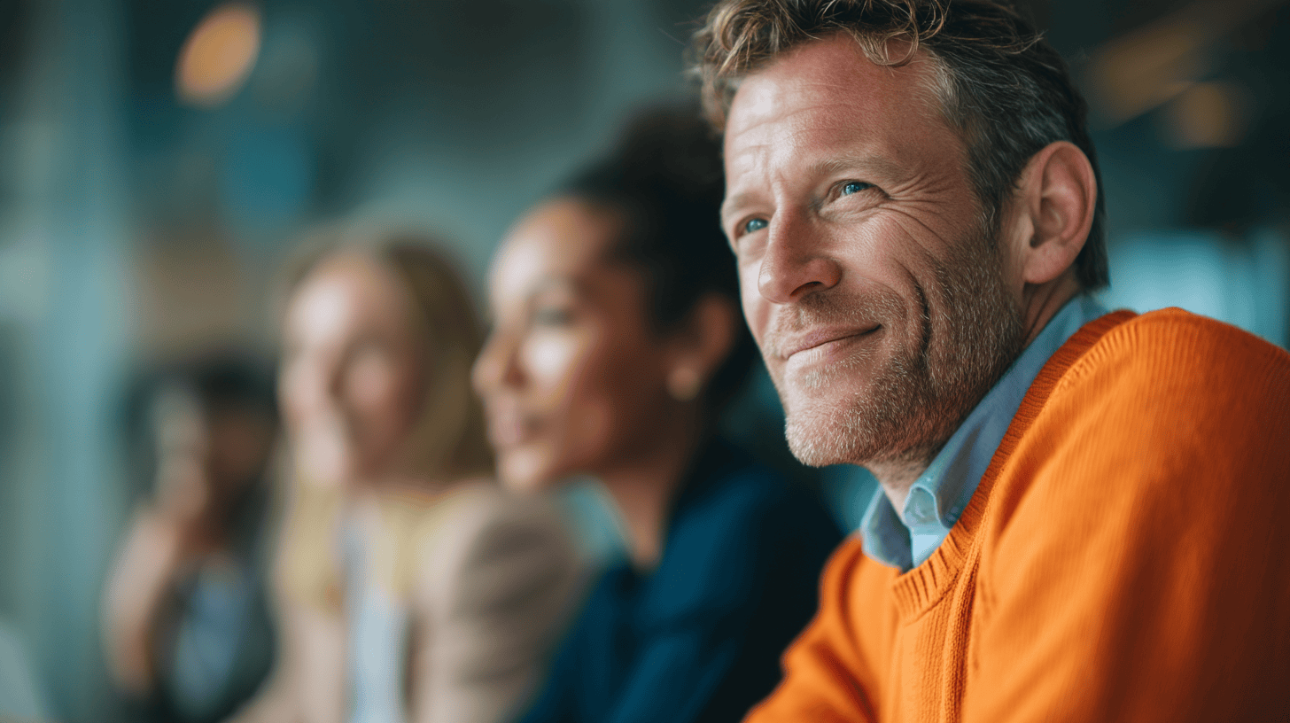 A focused man in an orange sweater sits at a table with blurred people, engaged in a professional setting.