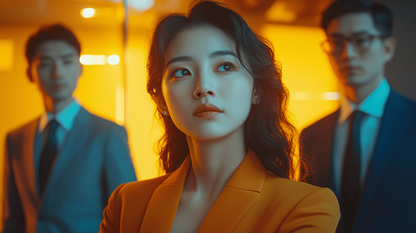 A woman in a bright orange blazer looks thoughtfully away, with two men in suits blurred in the background against warm lighting.