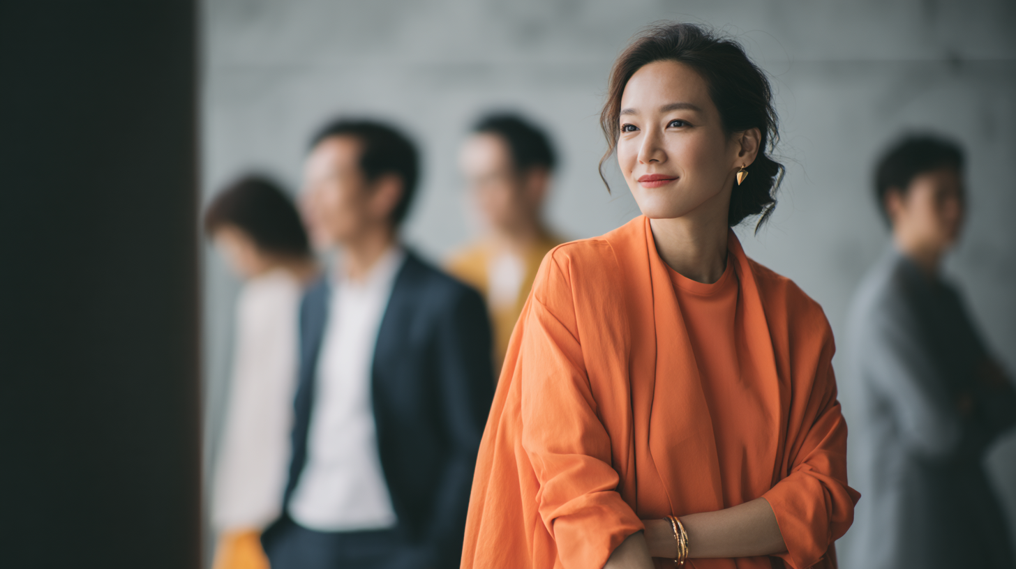 A woman in an orange outfit poses confidently, while blurred figures in the background create a dynamic atmosphere.