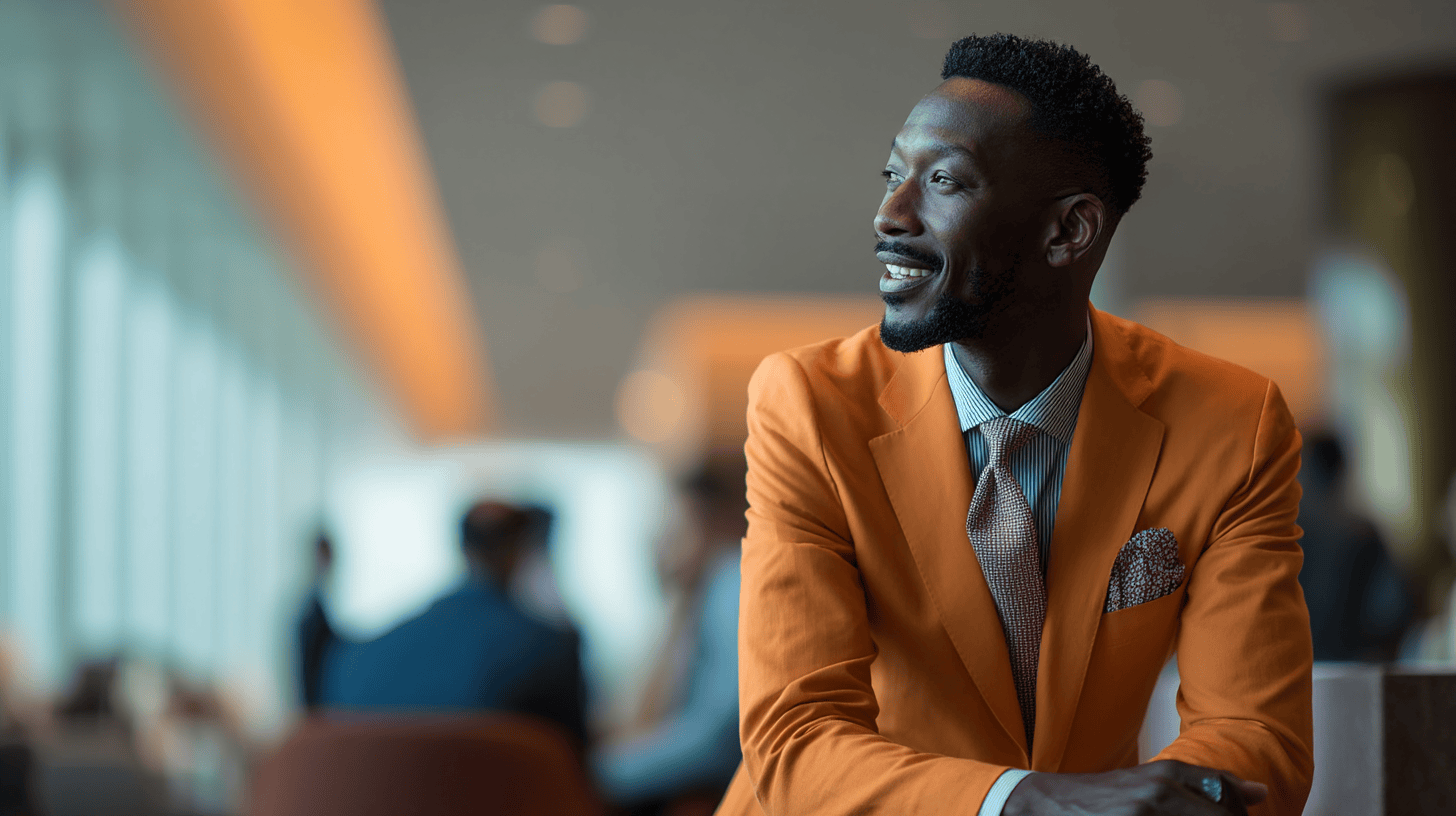 A smiling man in an orange suit and patterned tie sits casually, with soft, blurred background details of a modern workspace.