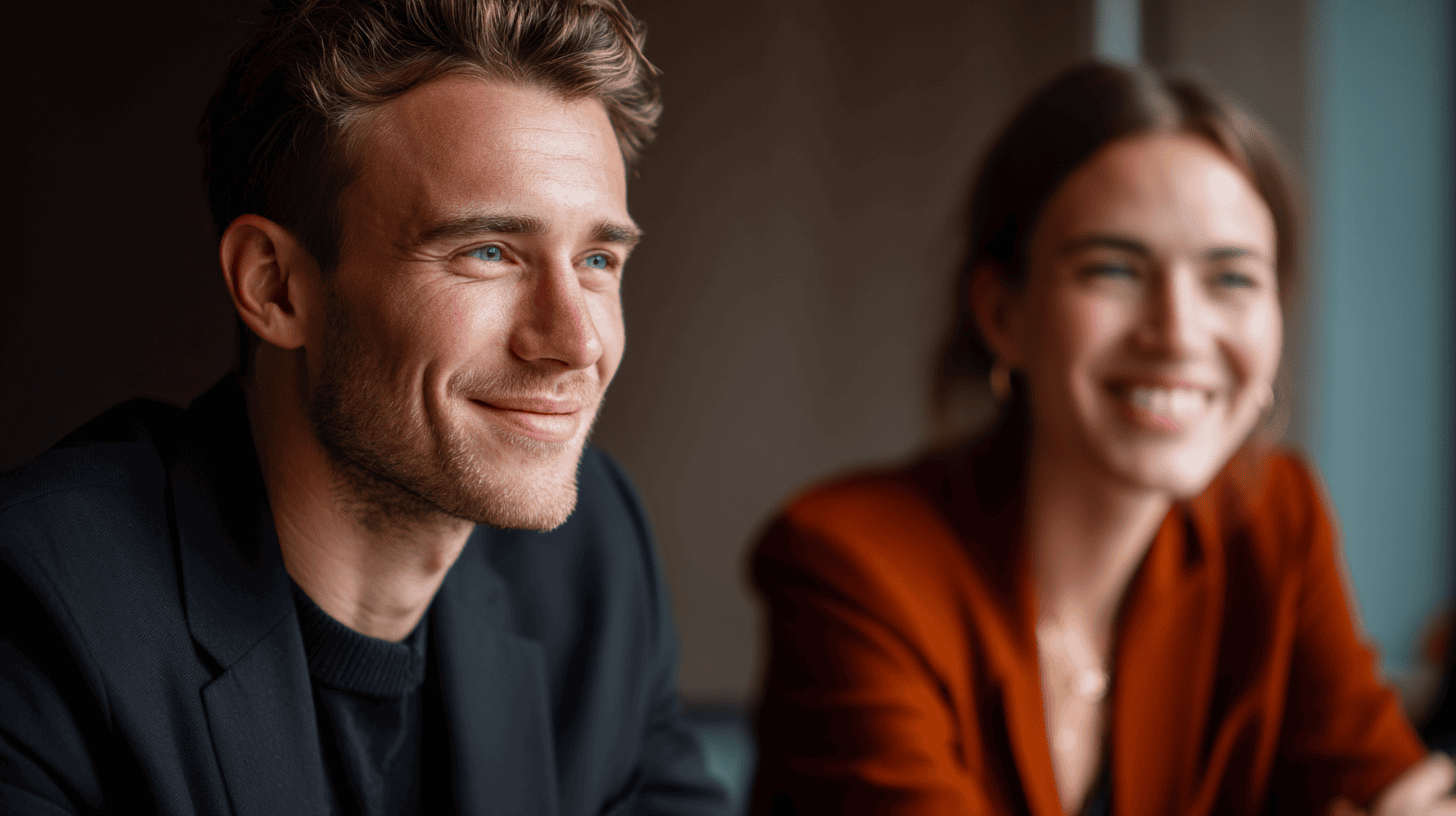 Two smiling professionals in a modern setting: a man in a black blazer and a woman in a rust-colored jacket.