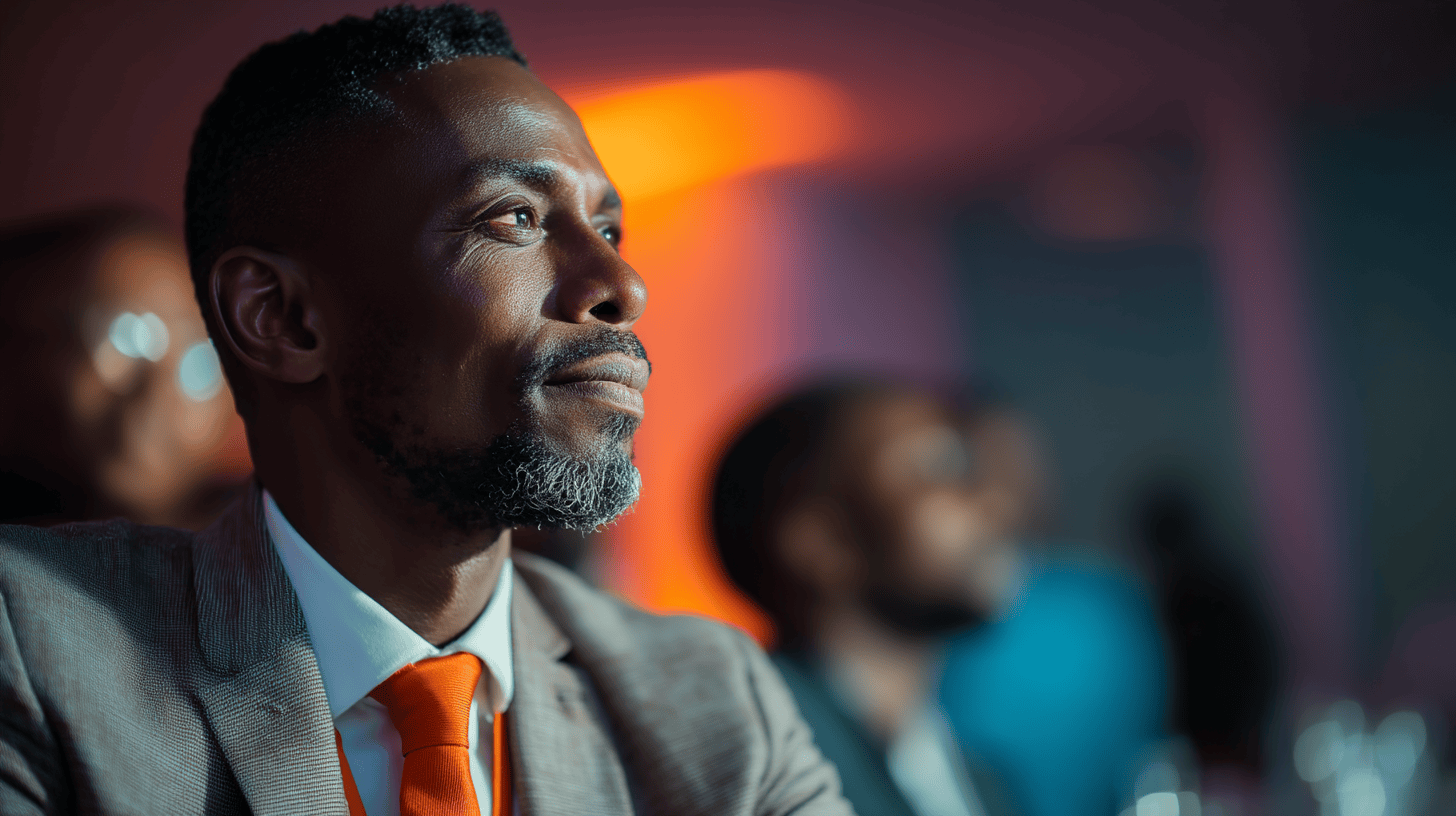 A man in a suit and orange tie sits attentively, with blurred faces in the background and warm lighting.