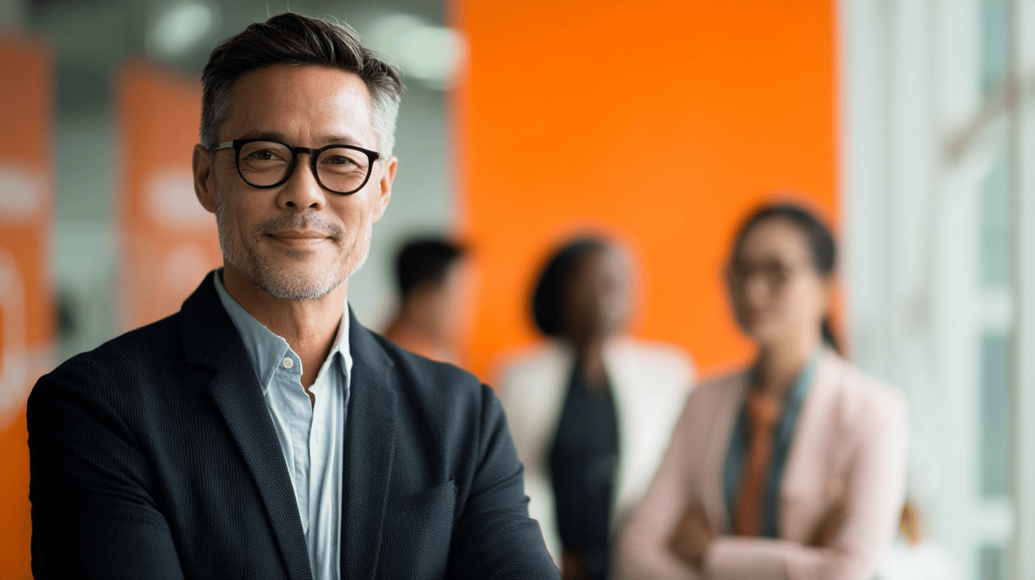 A confident man in glasses smiles, standing in front of a bright orange wall, with blurred colleagues in the background.