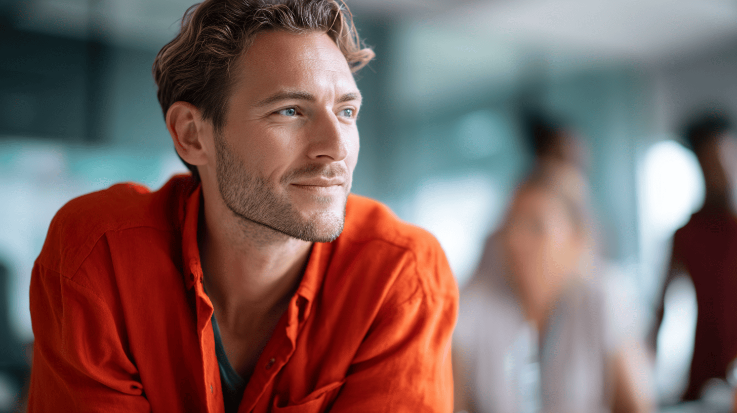 A man in an orange shirt looks thoughtfully to the side, with blurred figures of others in the background.