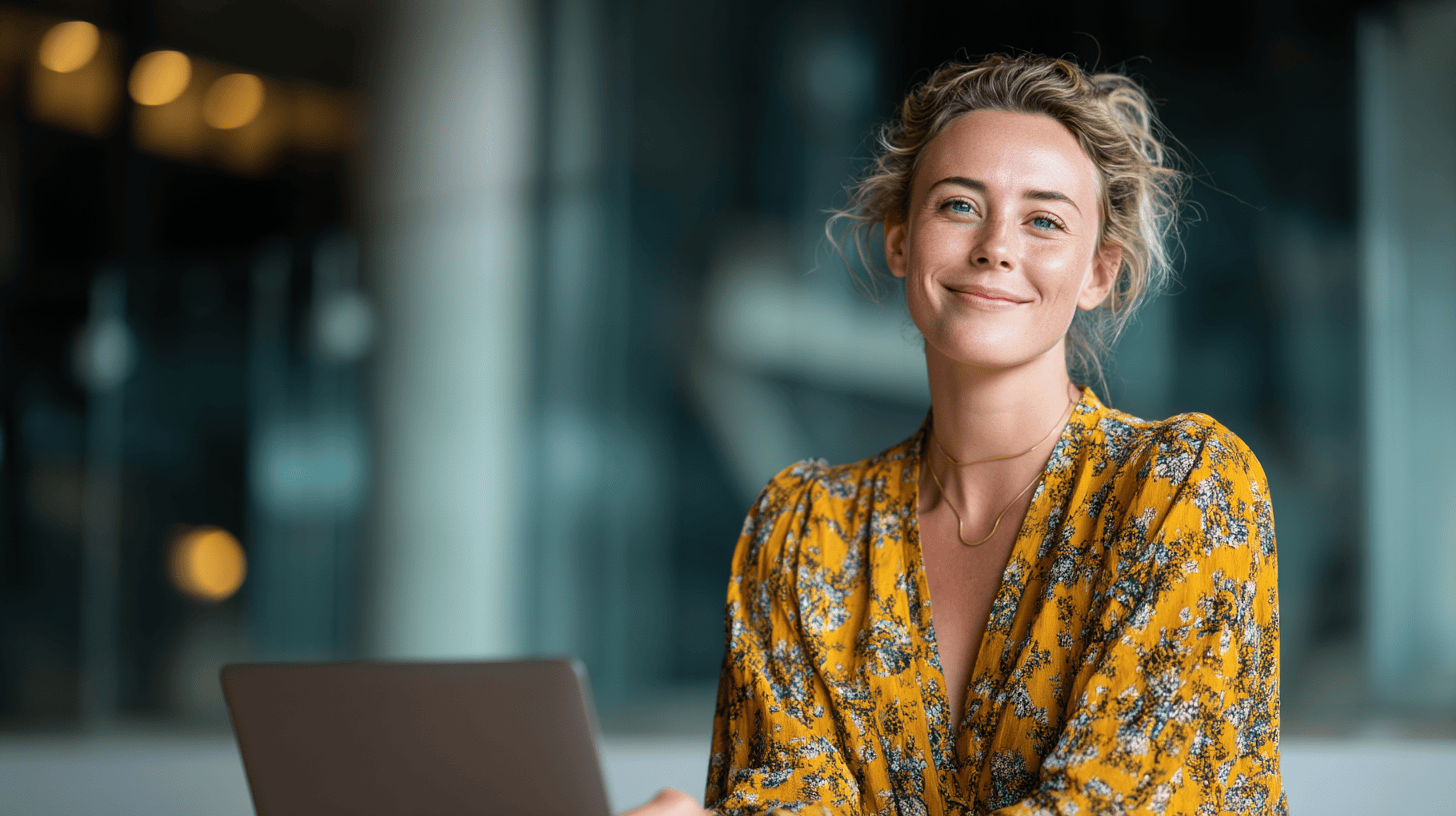 A smiling woman with wavy hair sits at a laptop, wearing a yellow floral dress, in a bright modern office setting.