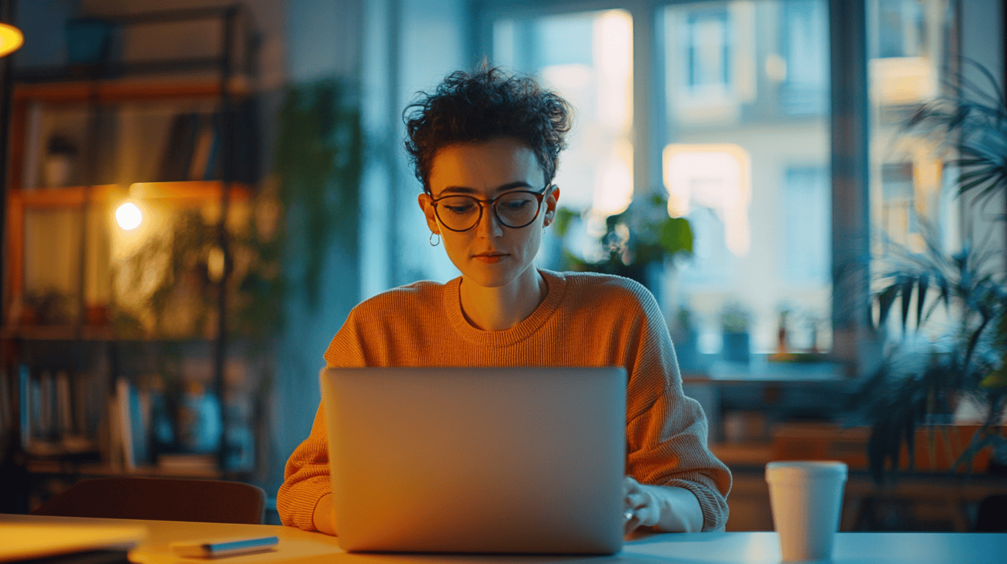 A person with curly hair wears glasses and a sweater, focused on a laptop in a cozy, well-lit indoor space.