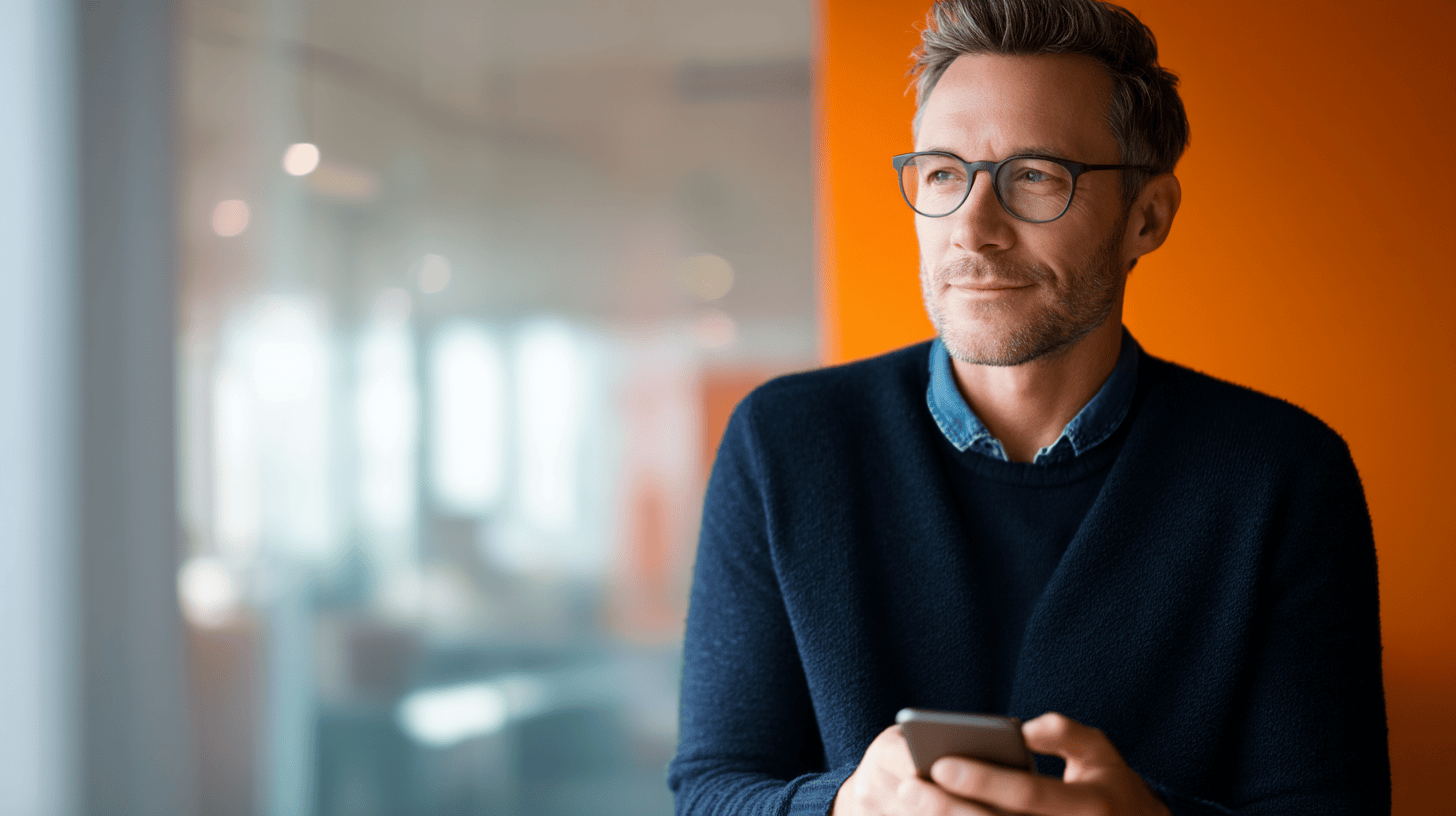 A man in glasses stands by an orange wall, holding a smartphone and looking thoughtful. Bright, modern office setting.