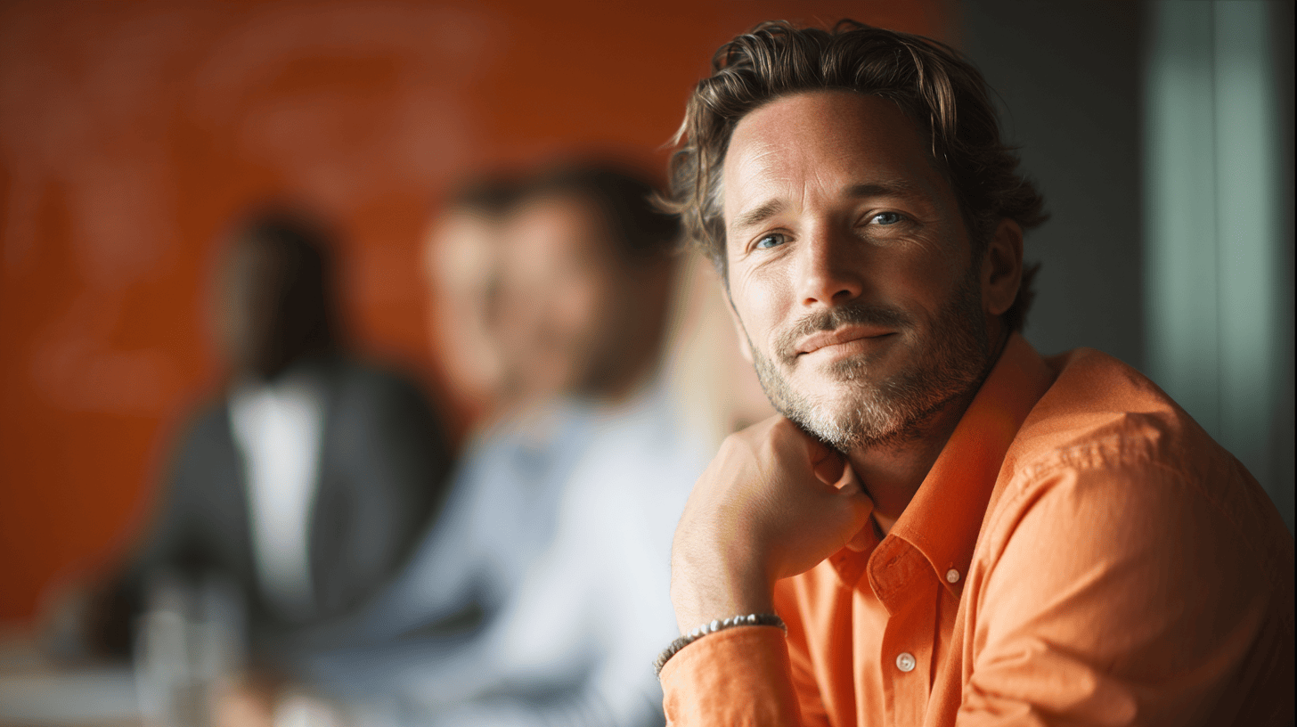 A smiling man in an orange shirt rests his chin on his hand, with blurred colleagues in the background against an orange wall.