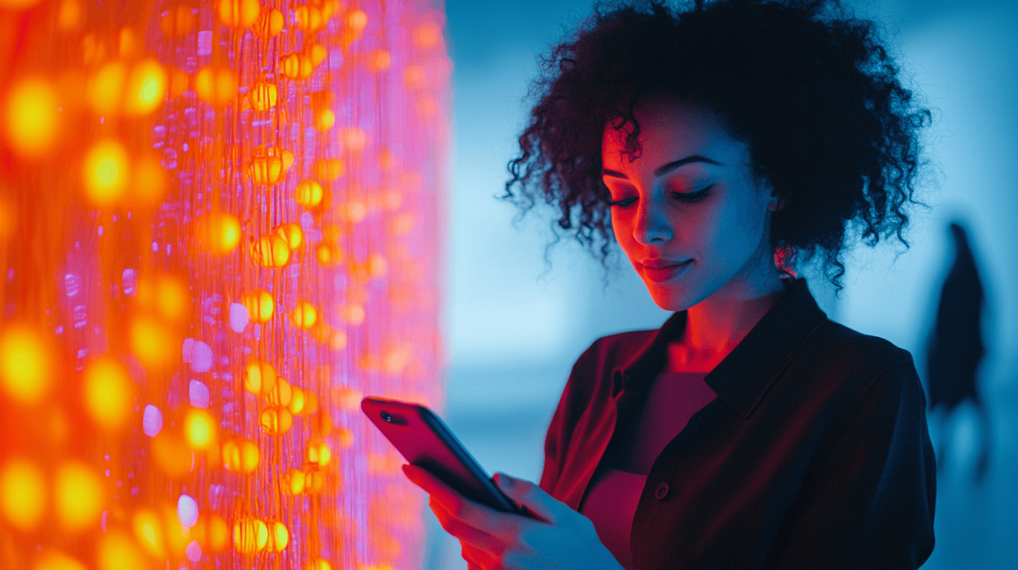 A woman with curly hair looks at her phone, standing near brightly lit, colorful hanging lights in a blue ambient space.