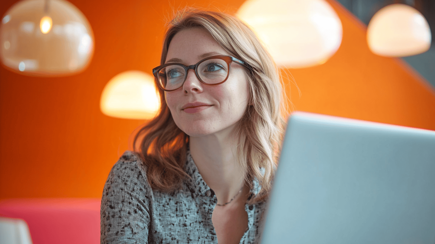 A woman with wavy hair and glasses looks thoughtfully while sitting at a table with a laptop, against an orange backdrop.