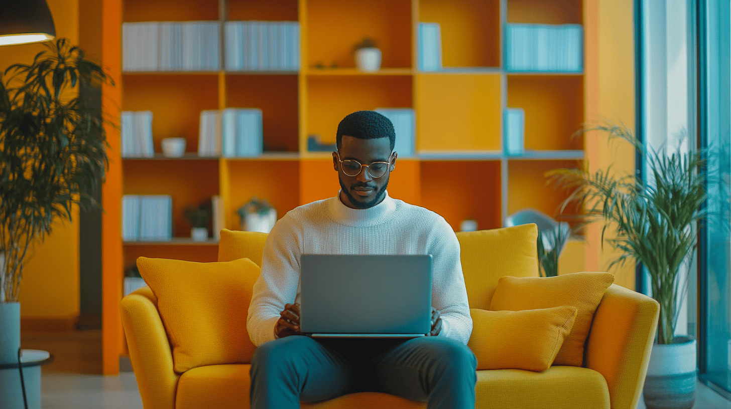A man sits on a yellow couch, working on a laptop in a brightly lit room with colorful shelves and plants.
