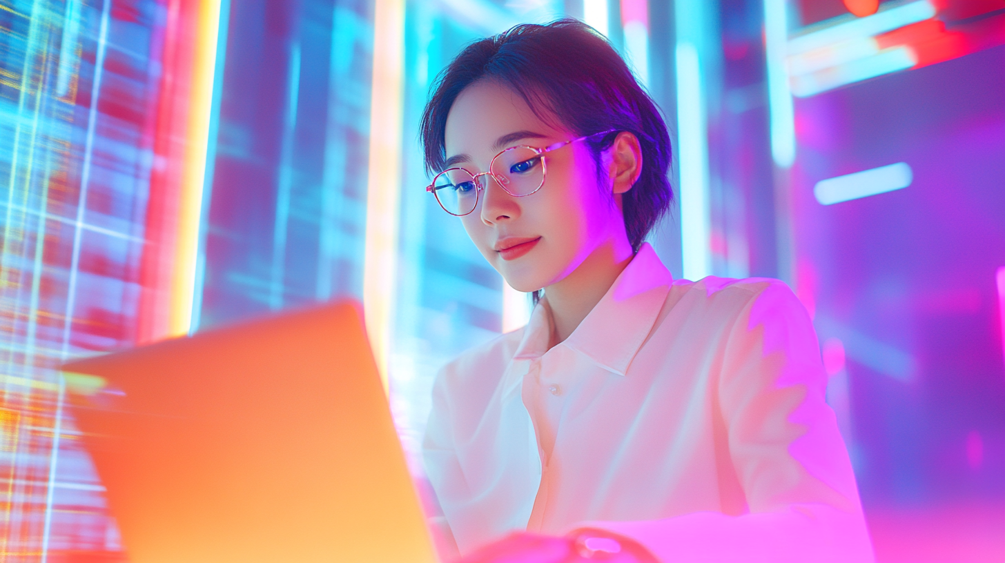 A young woman in glasses works on a laptop, surrounded by vibrant neon lights in a colorful digital environment.