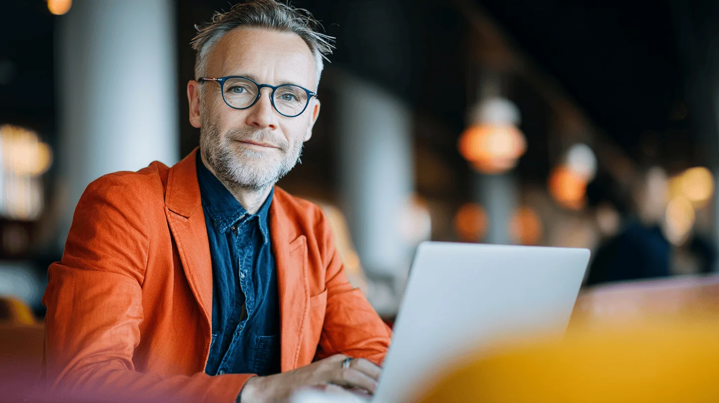 A man with glasses and a beard is sitting at a table, working on a laptop in a modern café setting.