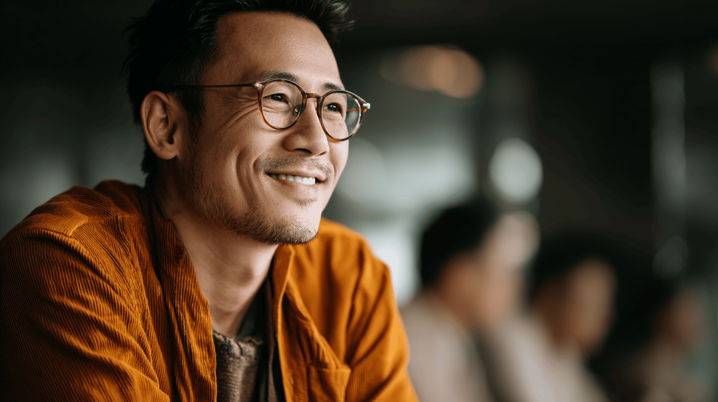 Smiling man in glasses wearing an orange jacket, seated with blurred figures in the background.