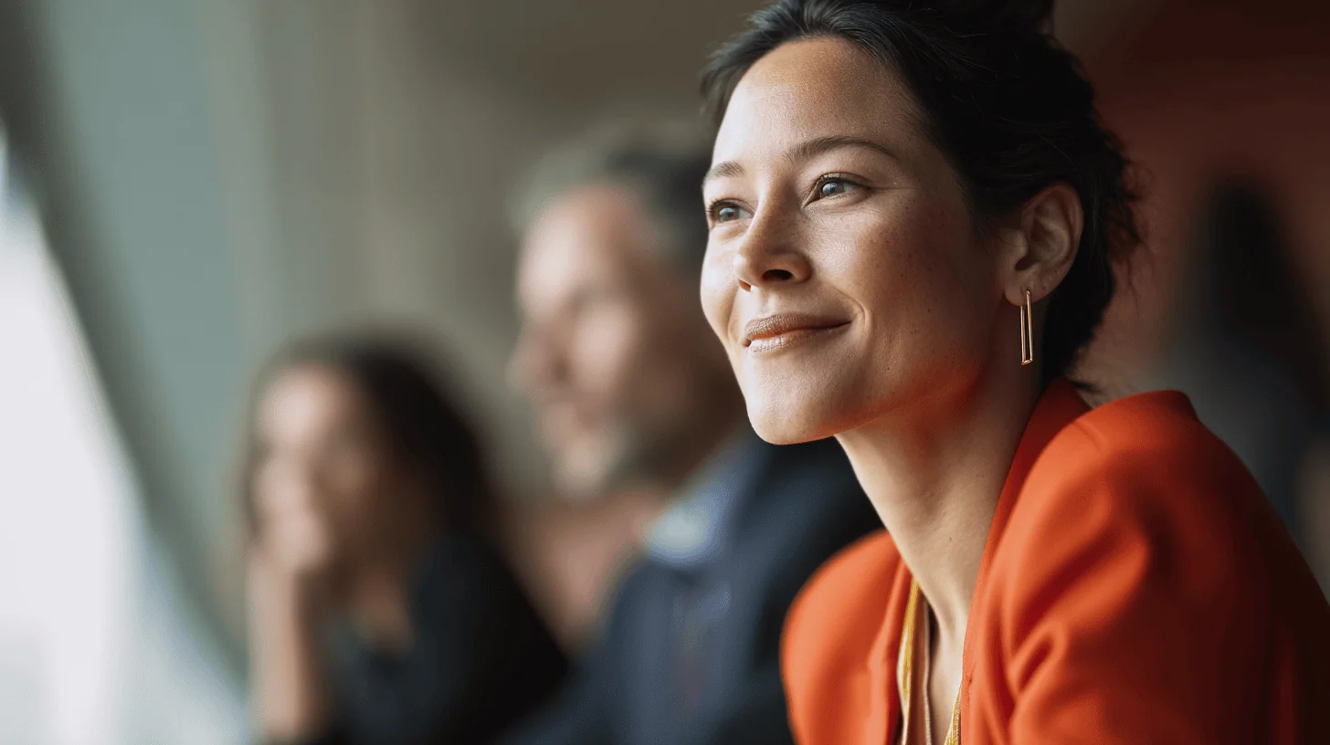A woman in an orange blazer smiles while seated, with two blurred figures in the background.