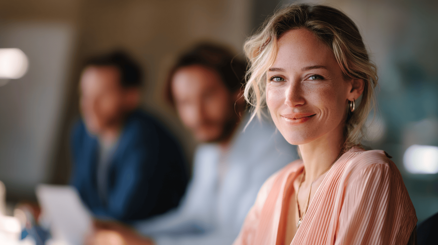 A smiling woman with wavy blonde hair sits in an office, with two blurred colleagues in the background.