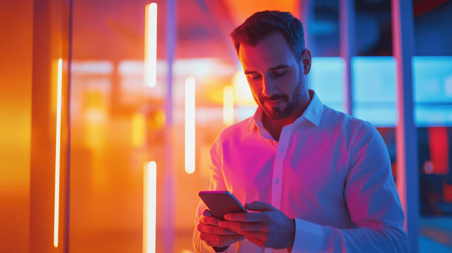 A man in a white shirt checks his phone amidst colorful neon lights in a modern setting.