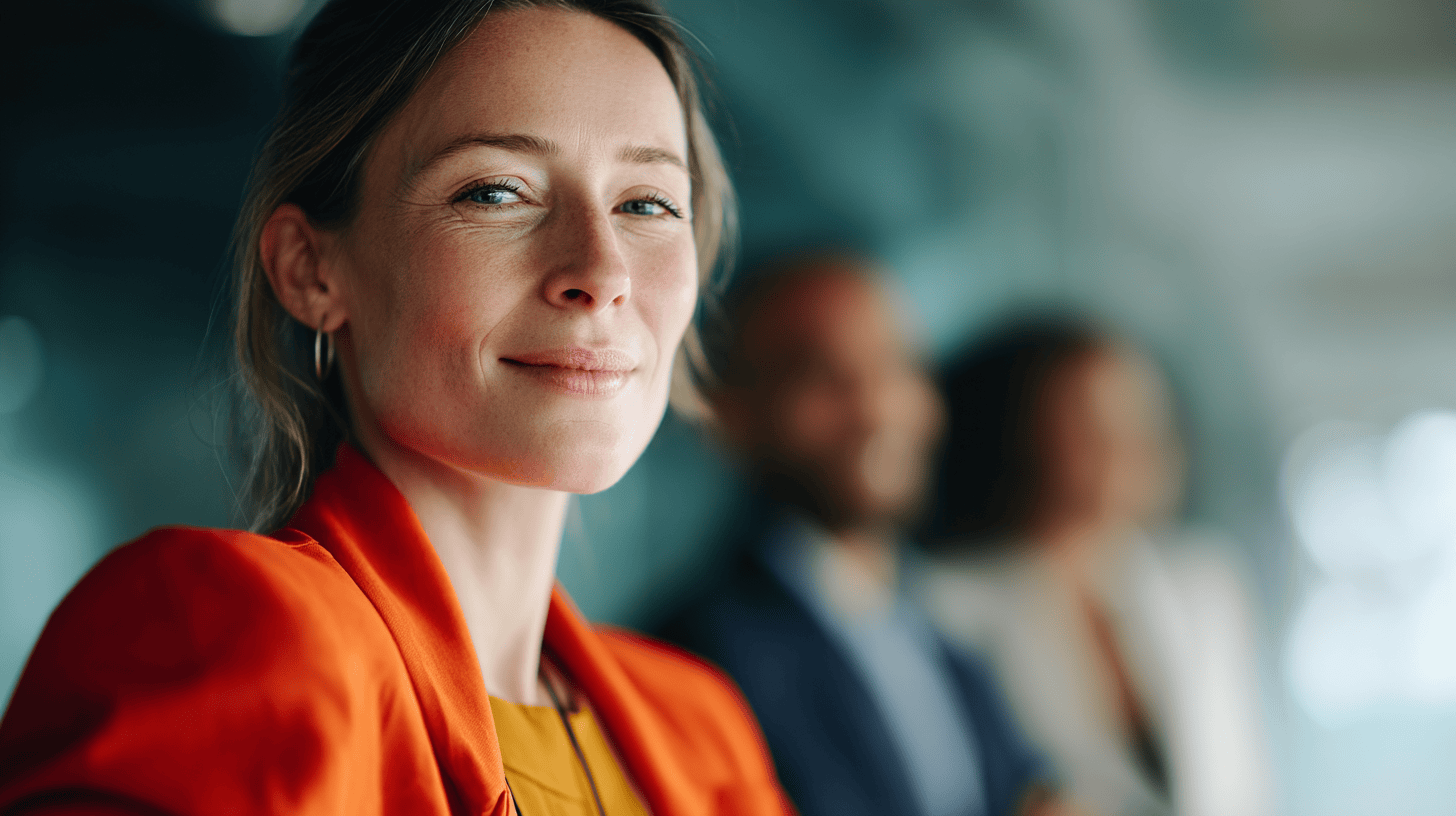 A woman in an orange blazer smiles confidently, with blurred colleagues in the background.