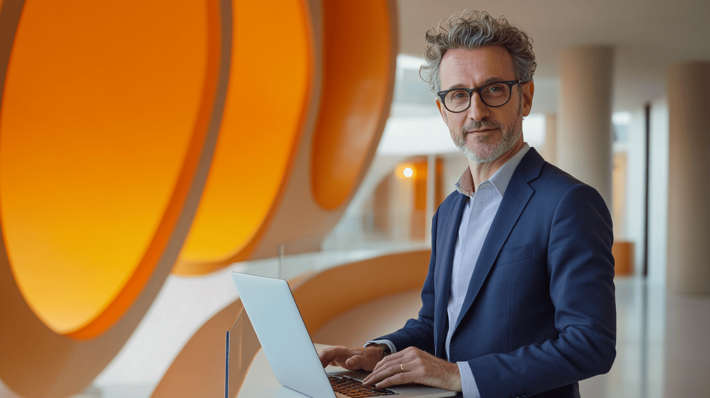 A middle-aged man in a suit uses a laptop, standing against a backdrop of orange circular shapes in a modern space.