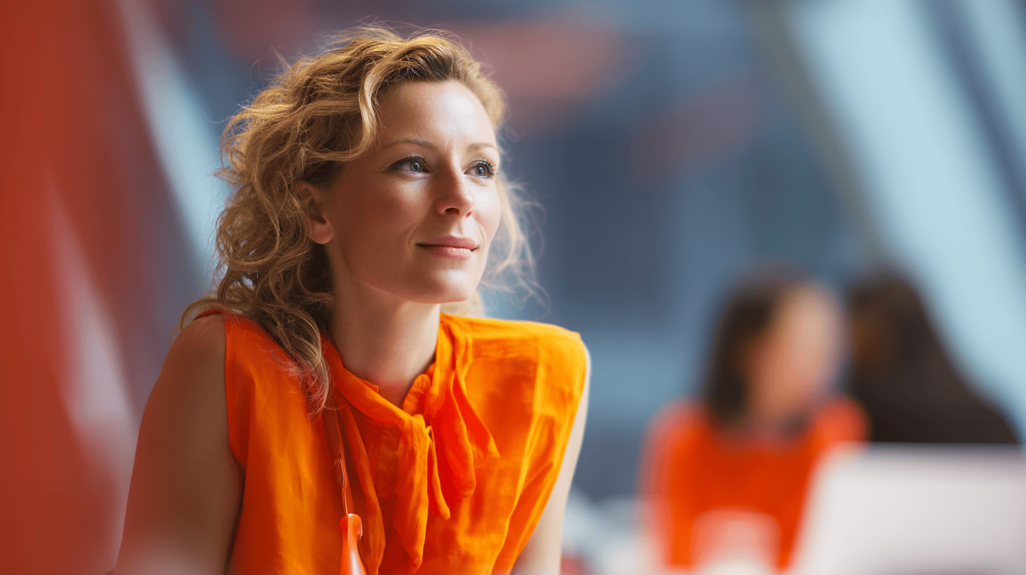 A woman with curly hair smiles while wearing an orange shirt, with blurred figures in the background.