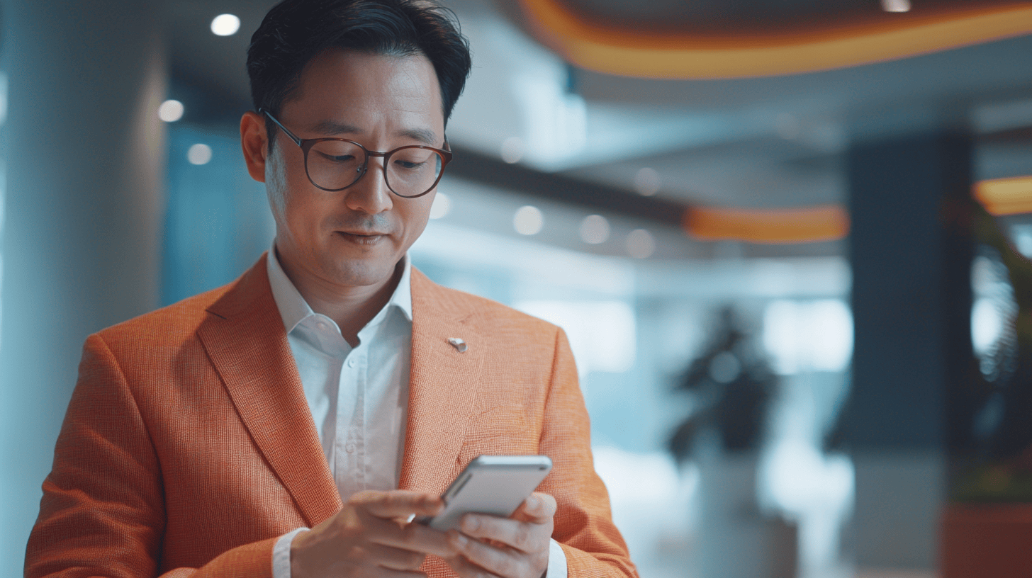 A man in an orange blazer uses a smartphone in a modern office with soft lighting and plants in the background.