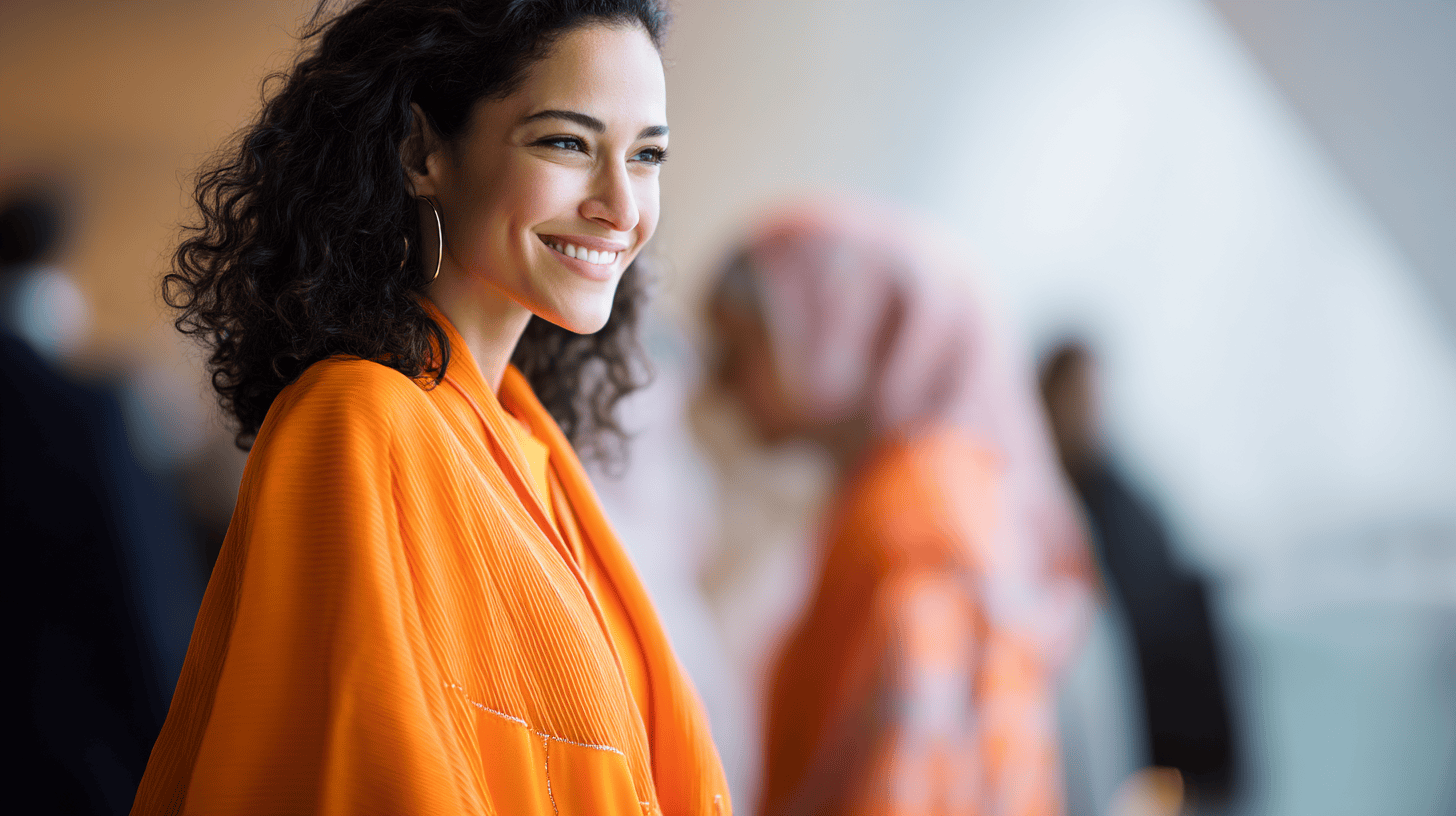 Smiling woman in an orange garment, with curly hair, stands in focus; blurred figures in the background.