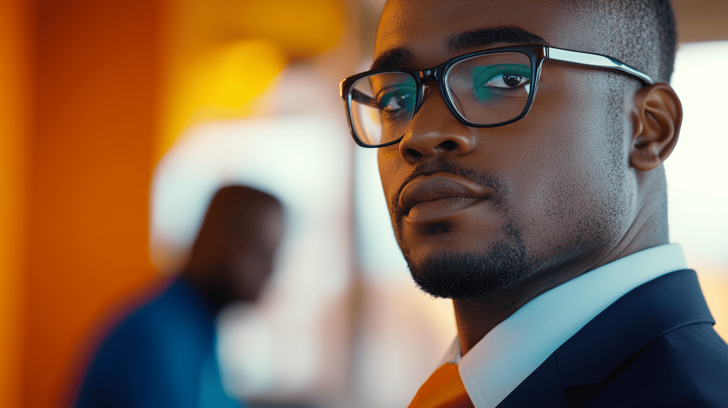 A close-up of a man in glasses, wearing a suit and orange tie, with a blurred figure in the background and warm lighting.