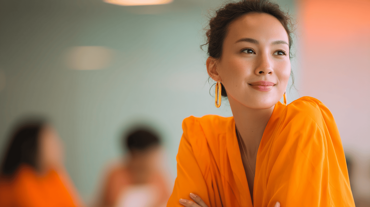 A woman with a warm smile wears an orange top and gold earrings, seated in a softly lit modern space.