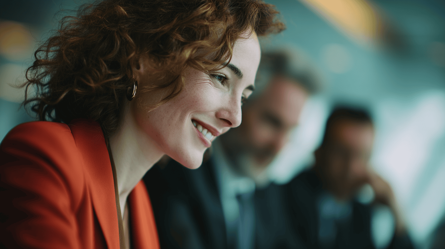 A woman with curly hair wears an orange blazer and smiles while seated with two blurred colleagues in the background.