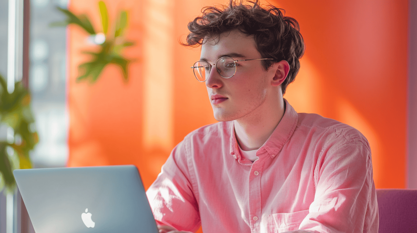 A young man with curly hair and glasses studies a laptop in a brightly lit room with an orange backdrop and plants.